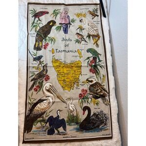 Vintage Birds of Tasmania Souvenir Tea Towel Linen Cotton Map Australia 31x18.5